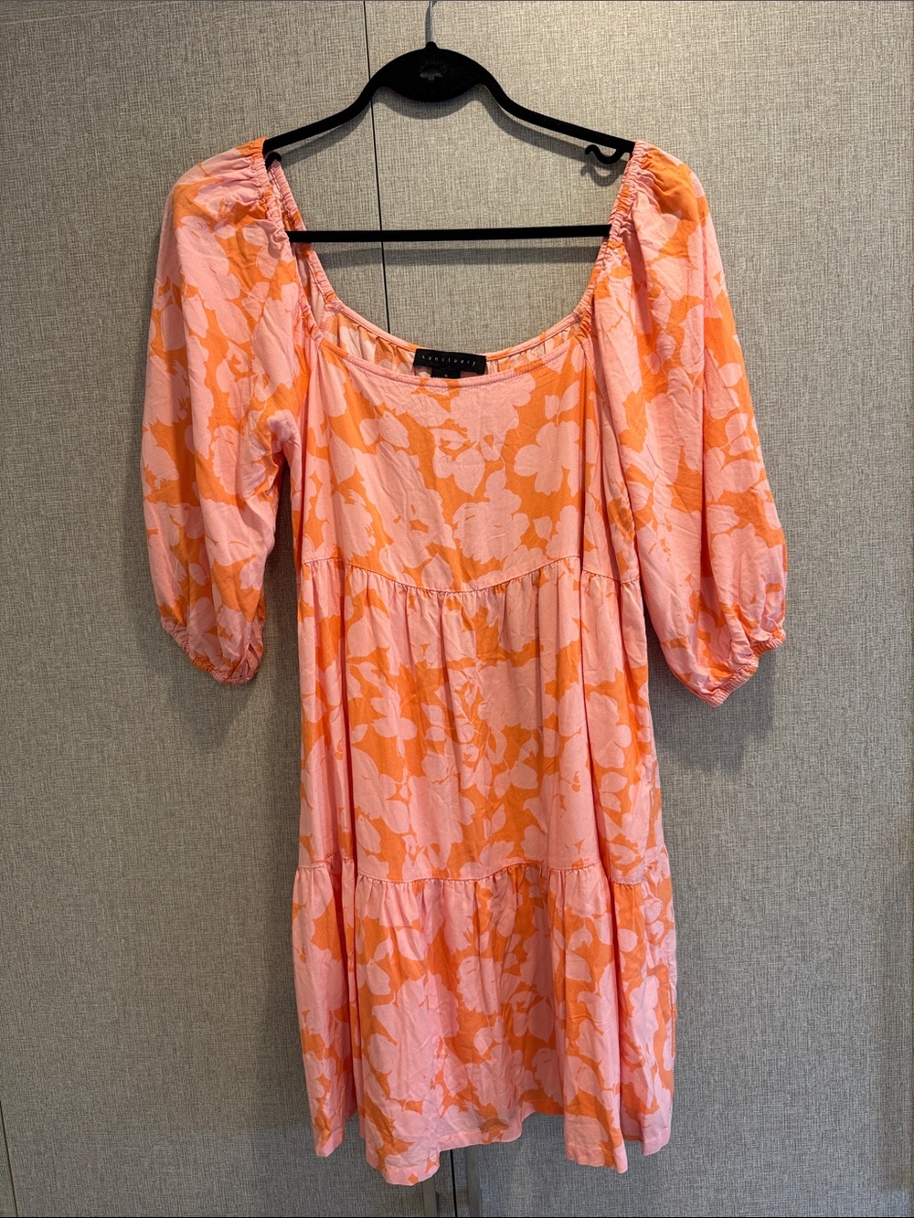 Sanctuary Pink and Orange Floral Puff-Sleeve Tiered Babydoll Dress